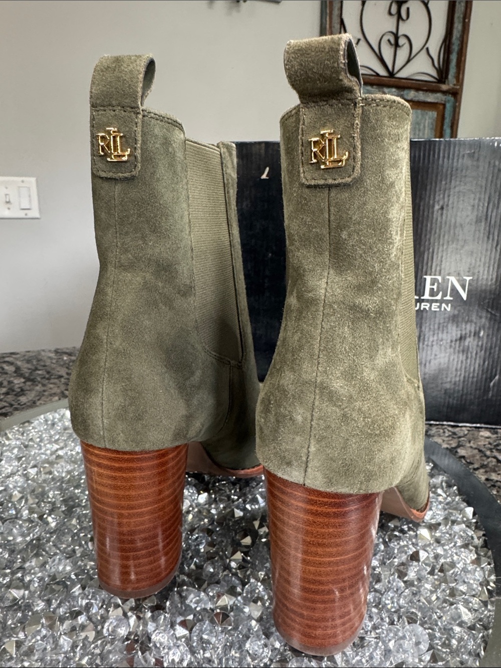 Ralph Lauren Olive Suede Stacked Heel Chelsea Boot NEW 6 - Picture 3 of 15